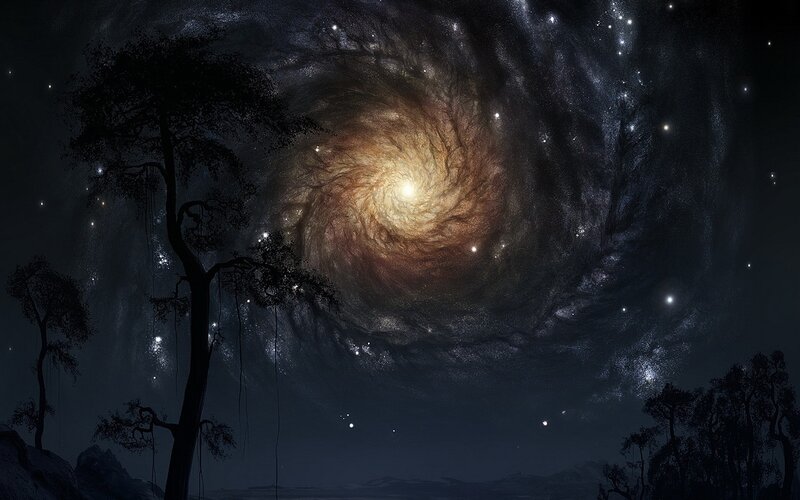 Galaxy over silhouetted trees