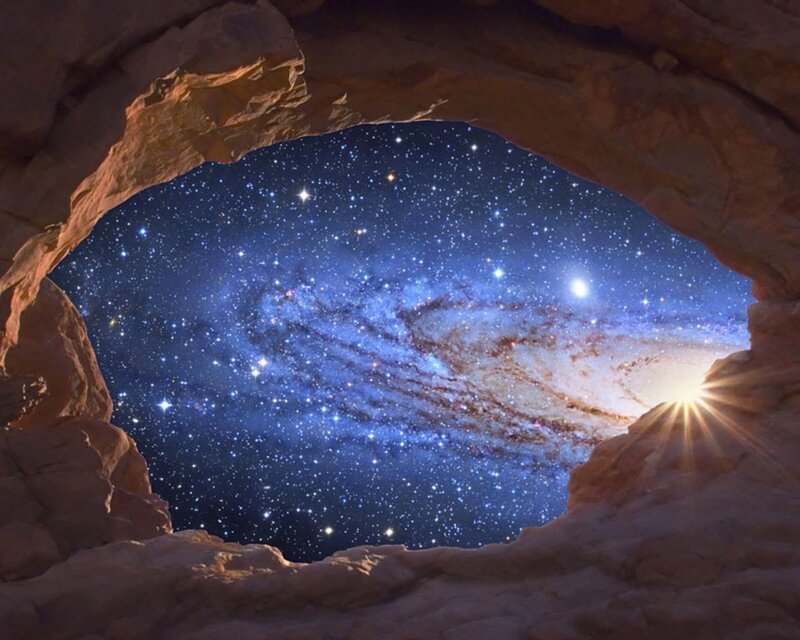 Galaxy view from cave opening