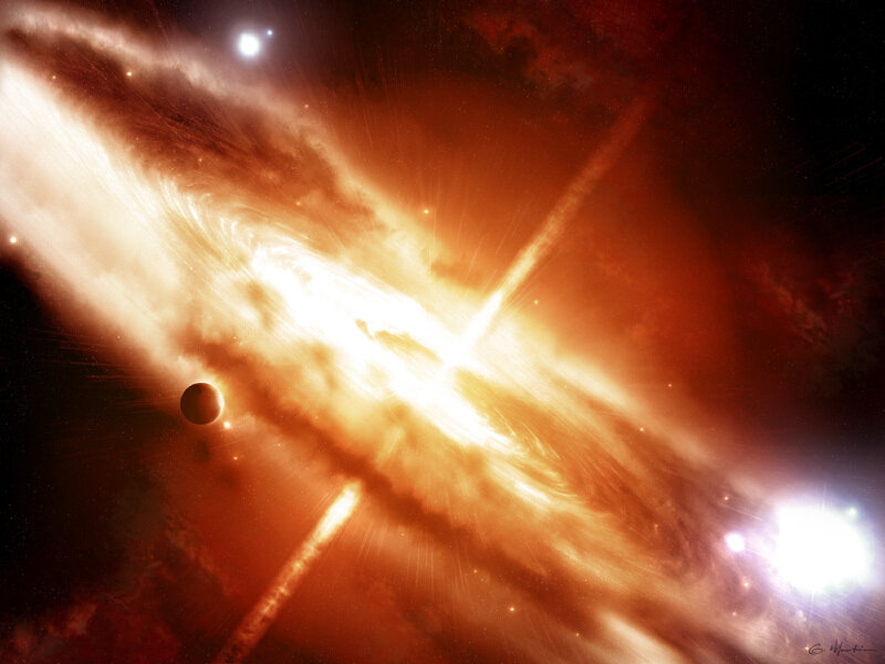 Galaxy with Planet — Orange, Dramatic, Digital Art, Stars