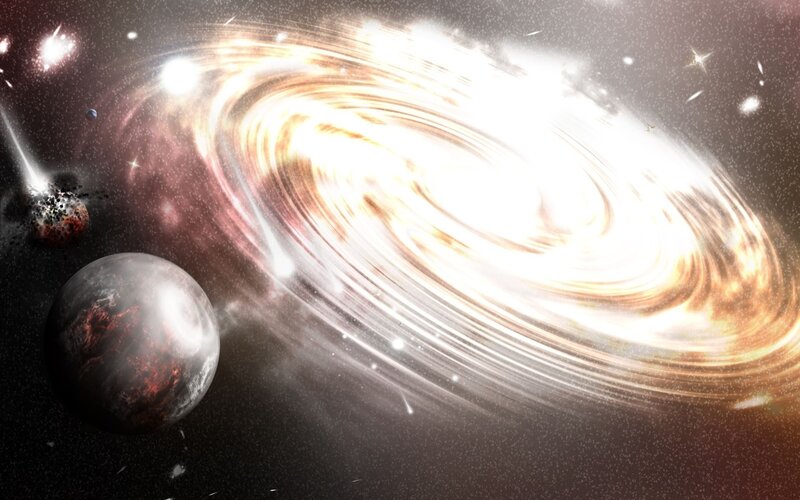 Galaxy with planets and asteroids