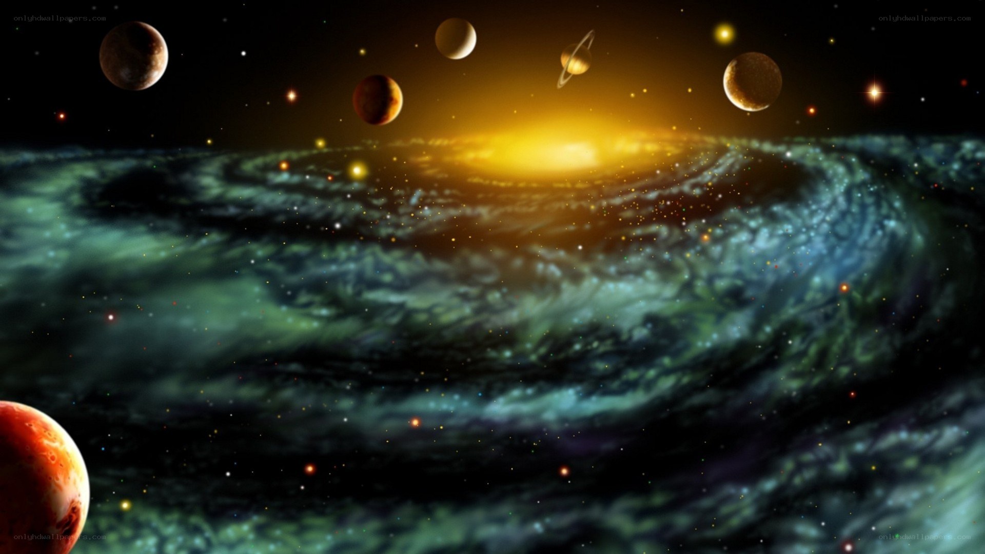 Galaxy with planets and stars