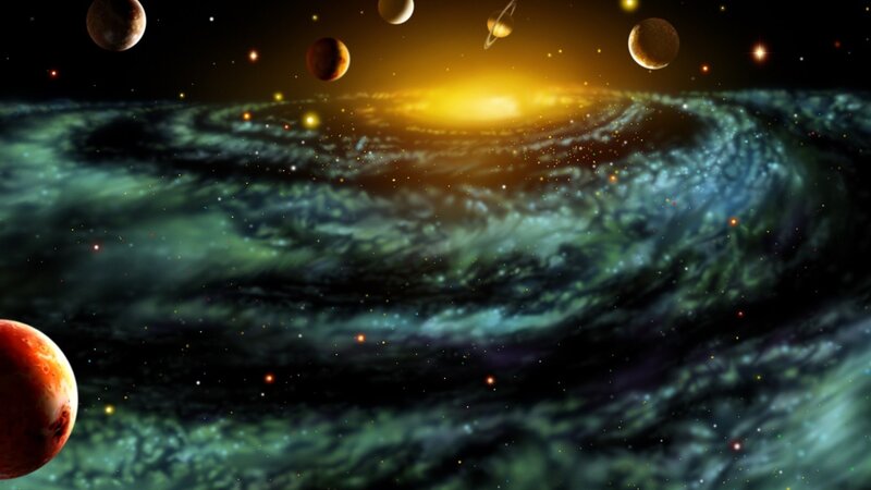 Galaxy with Planets — Green, Dramatic