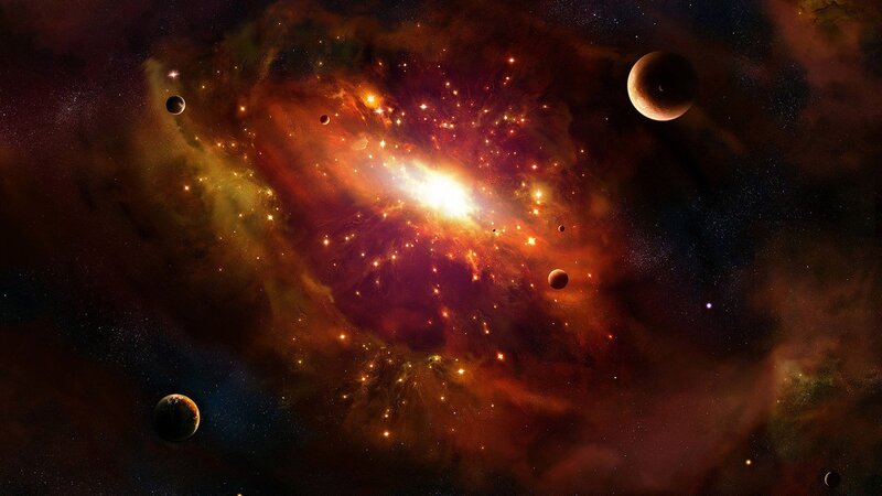 Galaxy with Planets — Red, Dramatic, Night, Digital Art