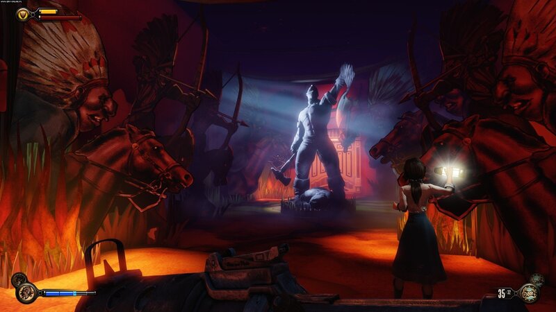 game scene with statue and warriors