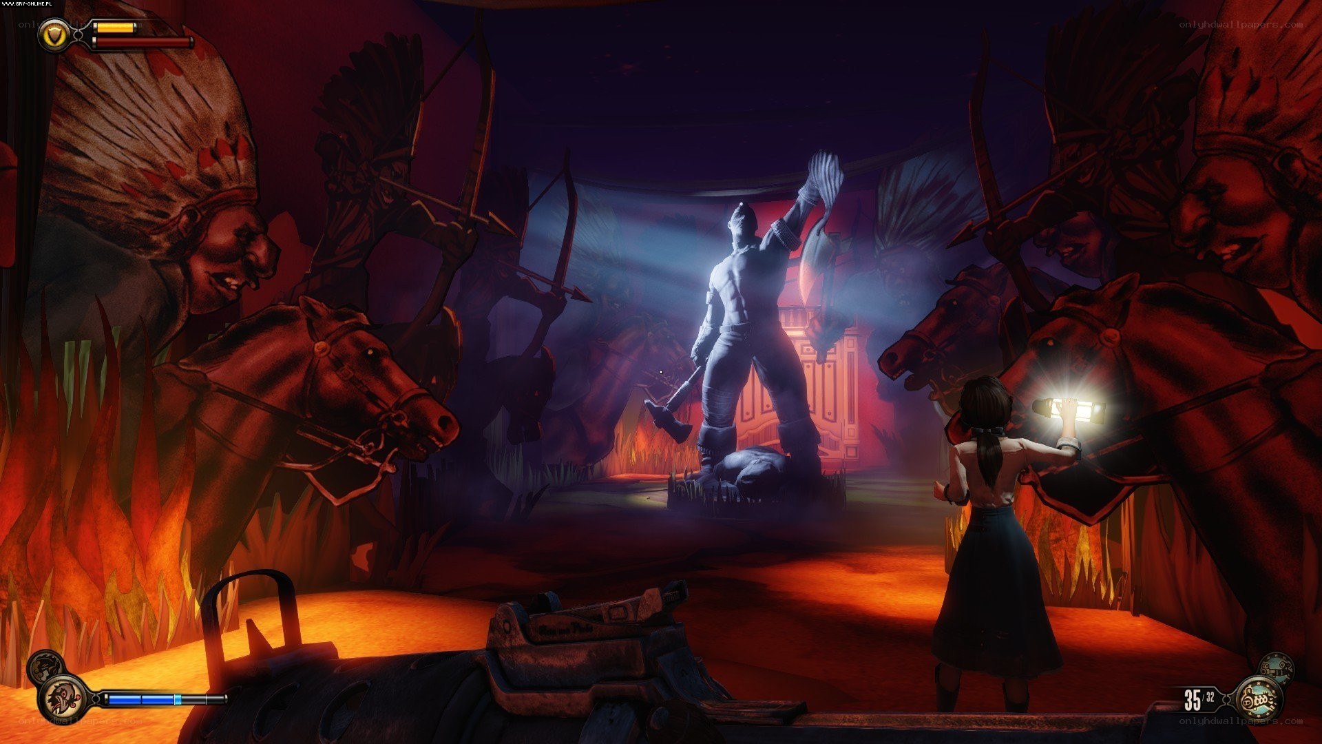 game scene with statue and warriors