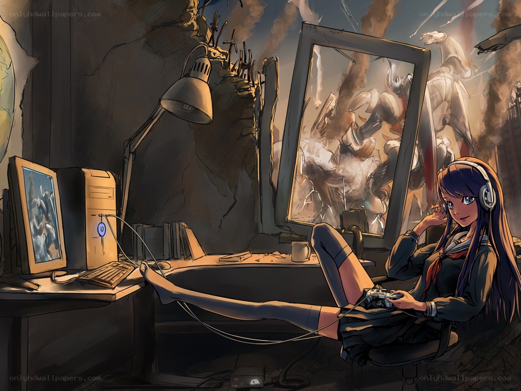 gamer in a war-torn room