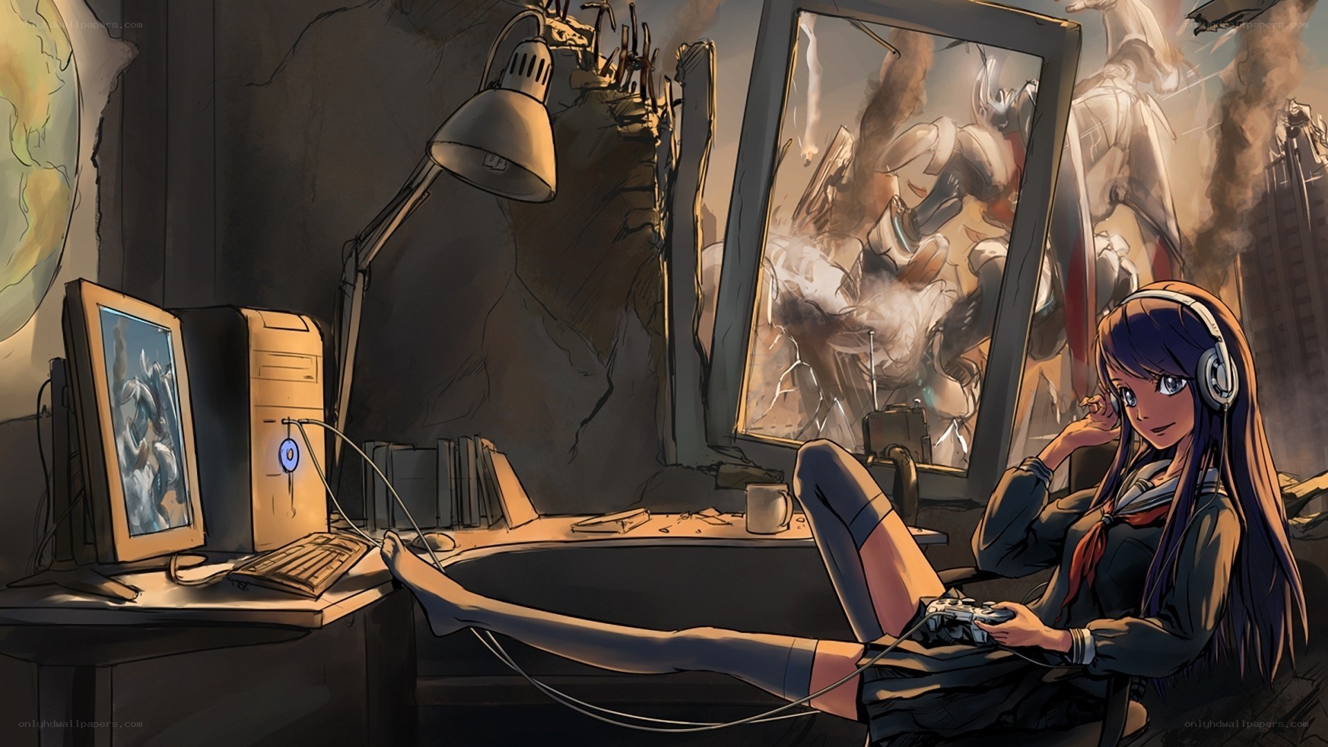 gamer in a war-torn room