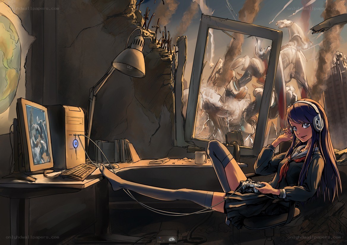 gamer in a war-torn room