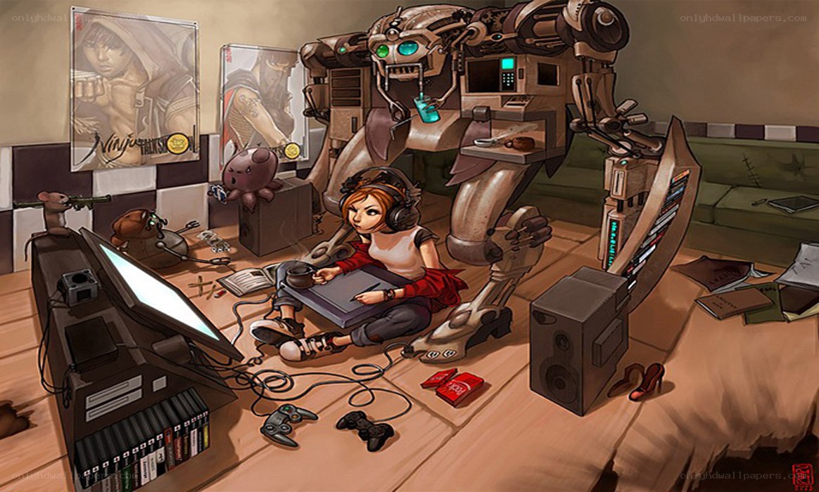 Gamer with robot companion