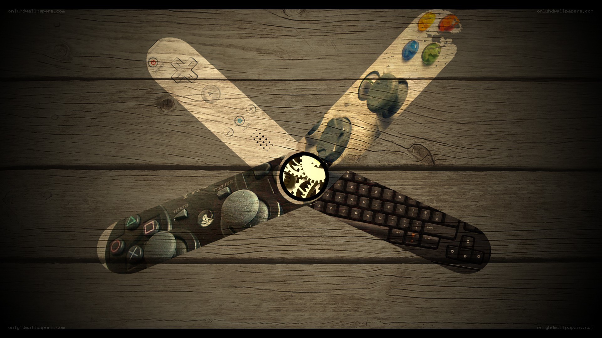 gaming controllers on wood