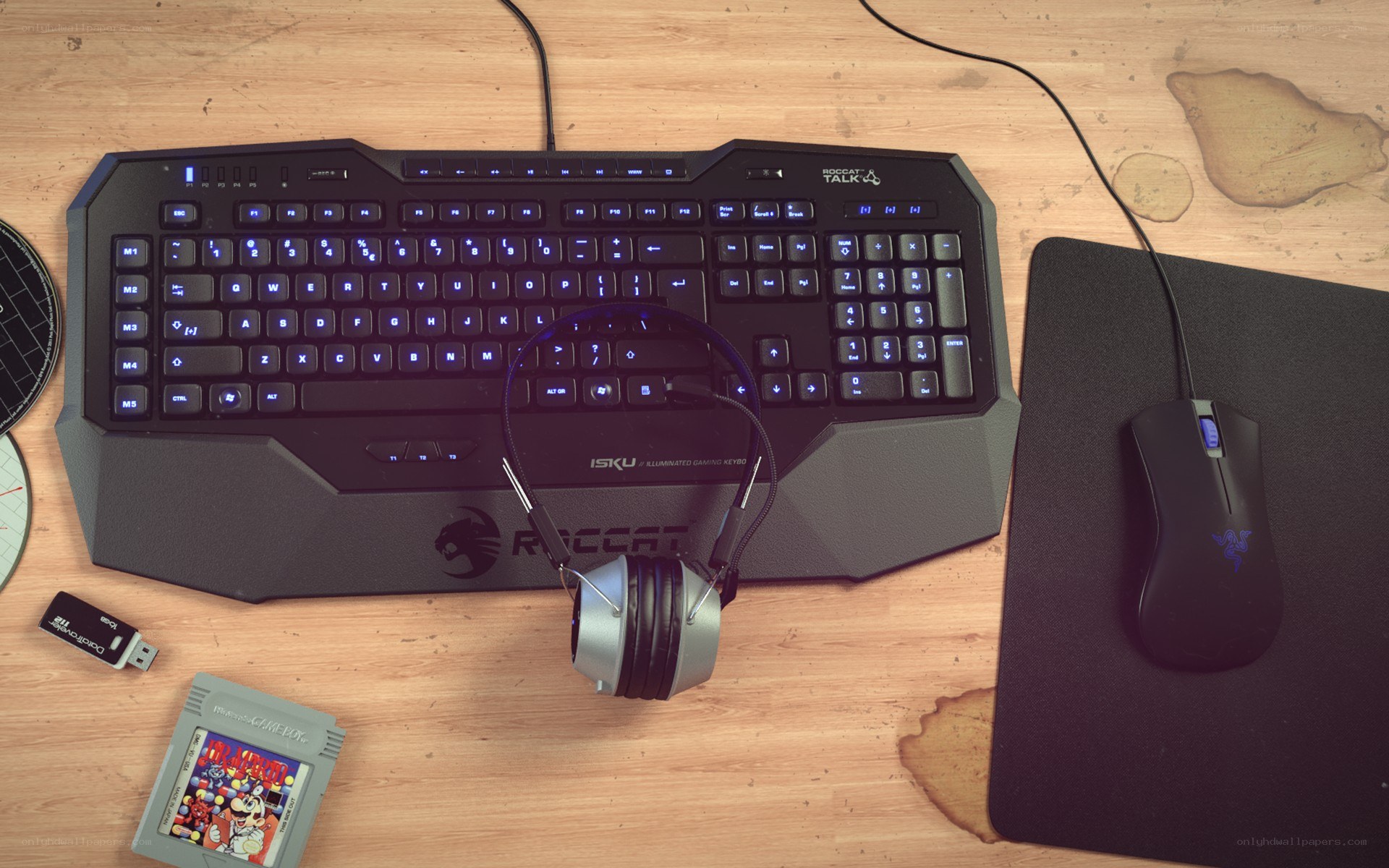 gaming setup on wooden desk