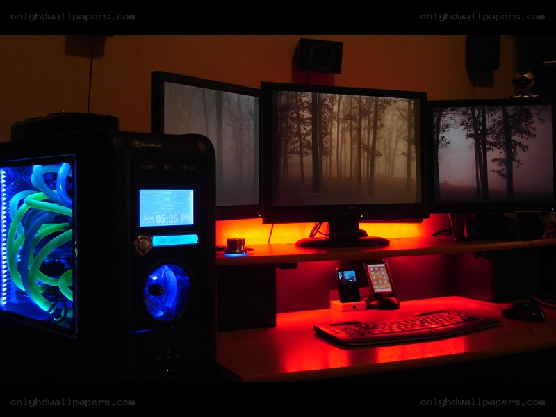 gaming setup with triple monitors