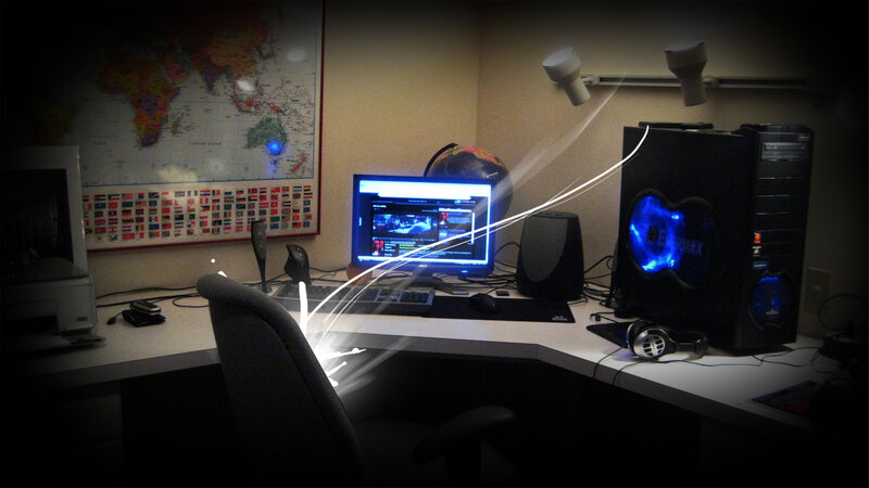 gaming setup with world map