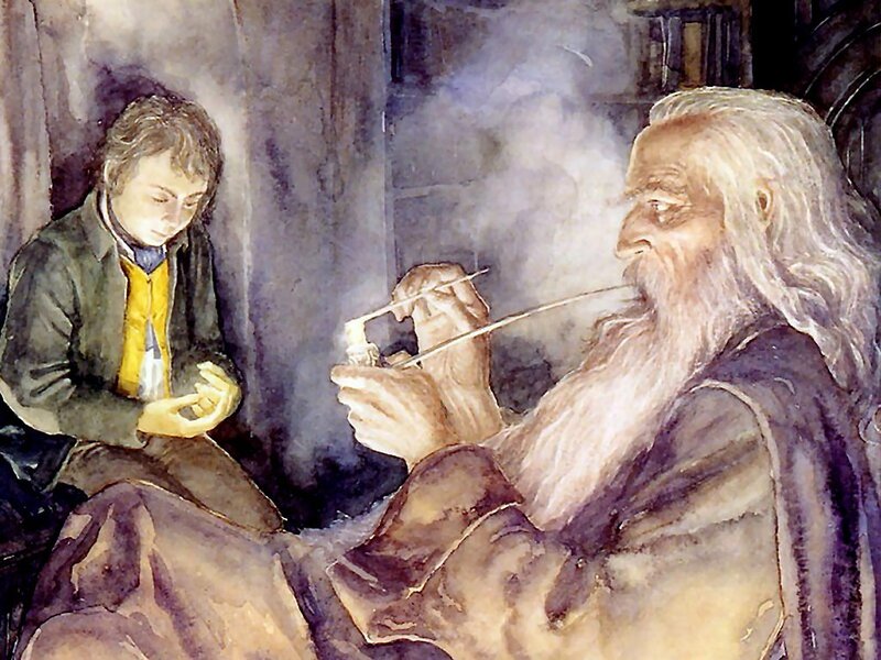 Gandalf and Bilbo in a cozy room