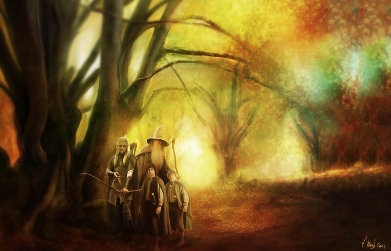 Gandalf and the Fellowship in a forest