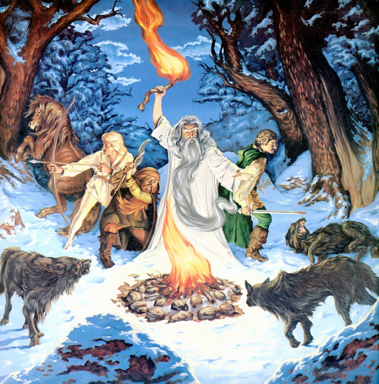 Gandalf fights wargs in the snow