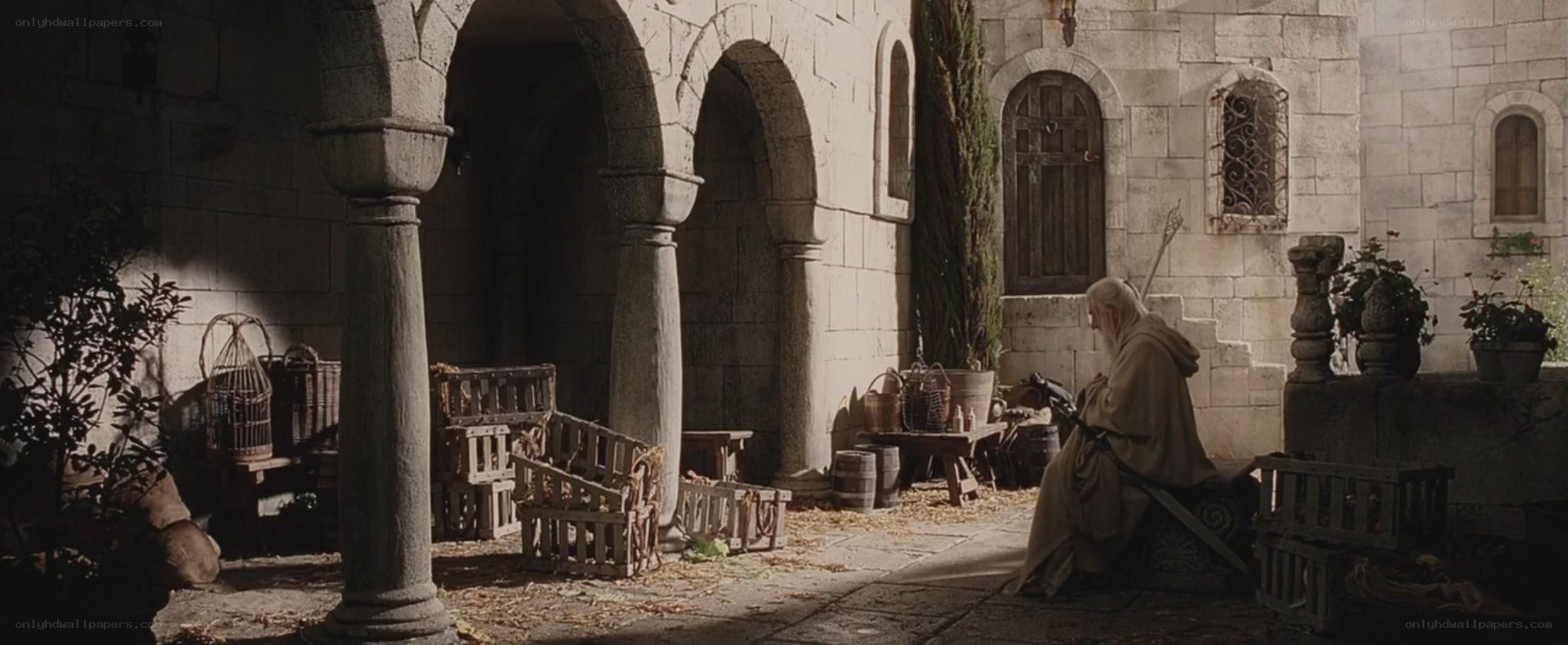 Gandalf in a courtyard