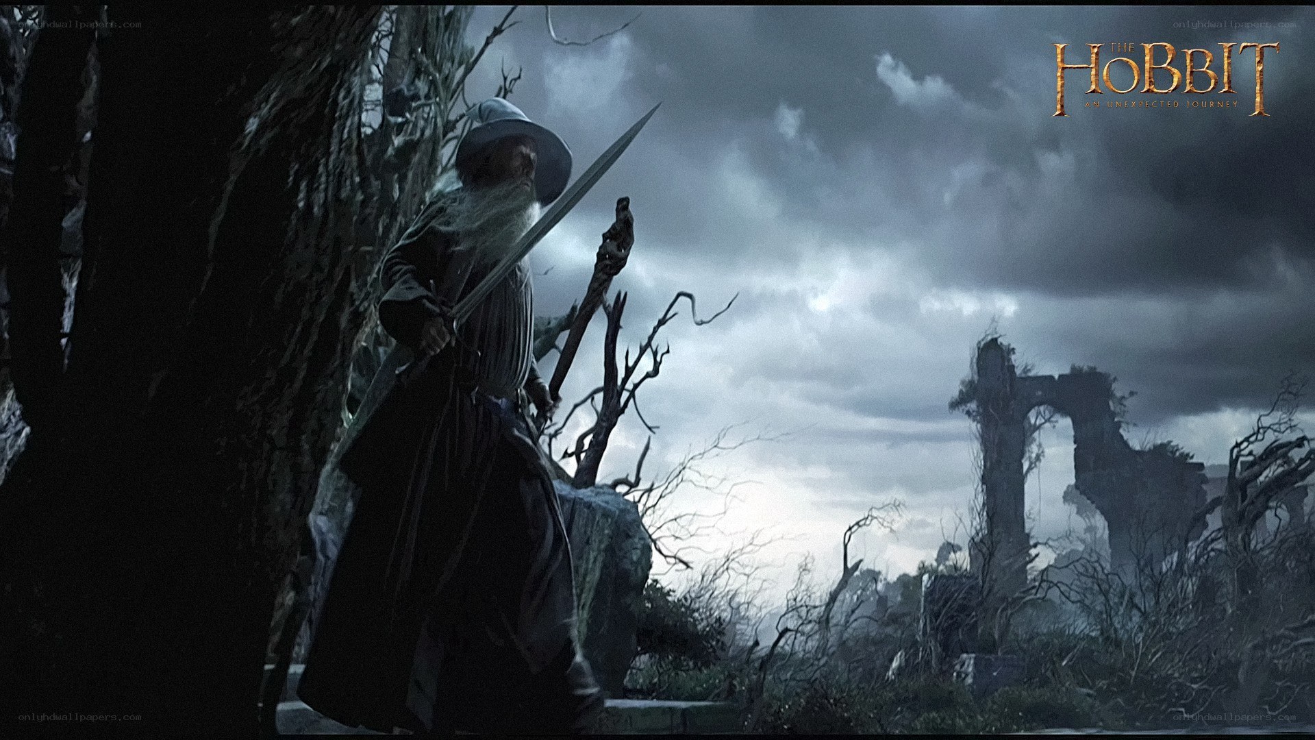 Gandalf in a desolate landscape