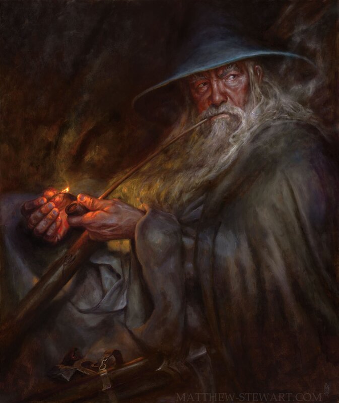 Gandalf lighting a pipe