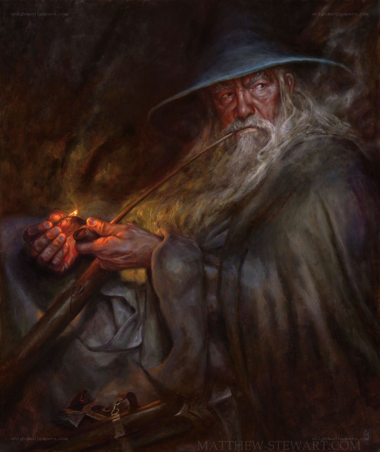 Gandalf lighting a pipe