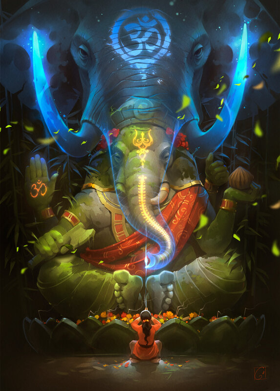 Ganesh Statue with Devotee