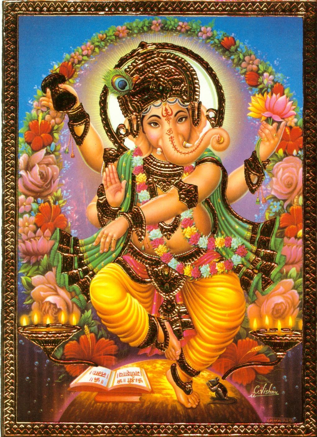 Ganesh with flowers and lamp