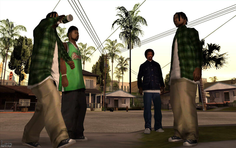 Gang members in a video game scene