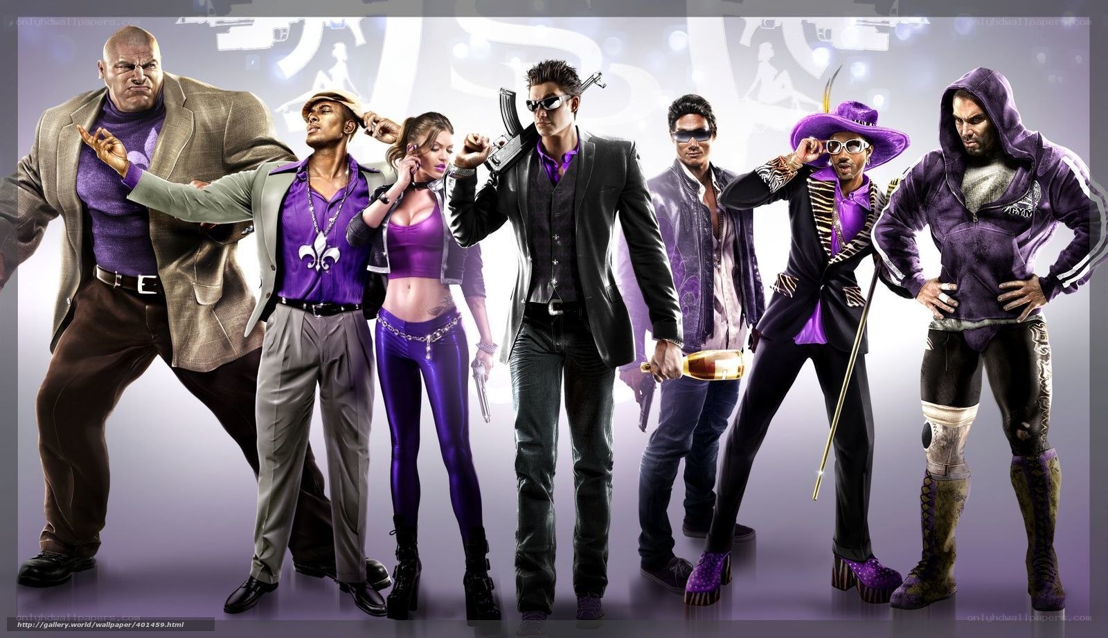 gang of characters in purple