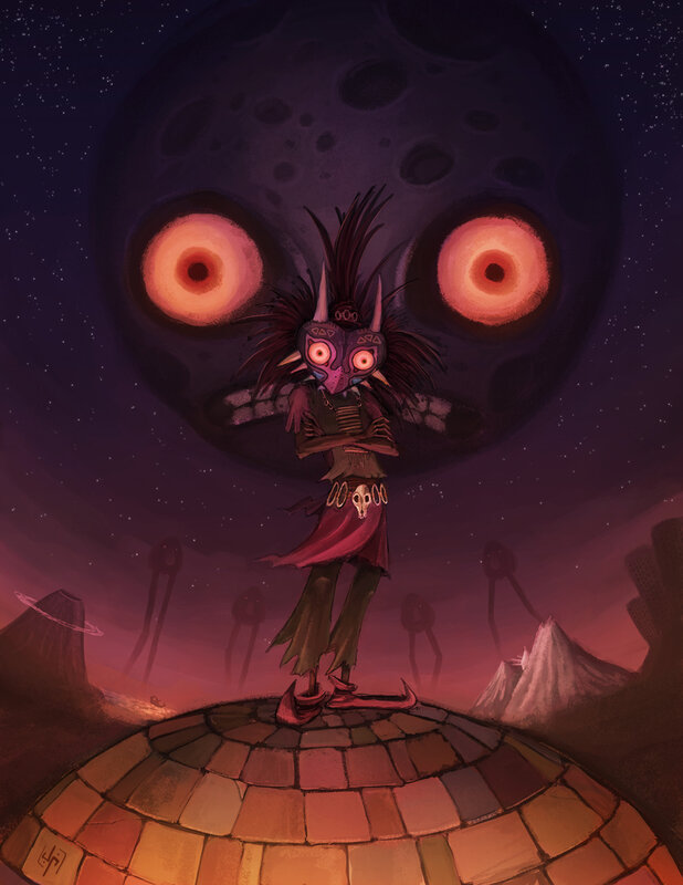 Ganon's mask in a surreal landscape