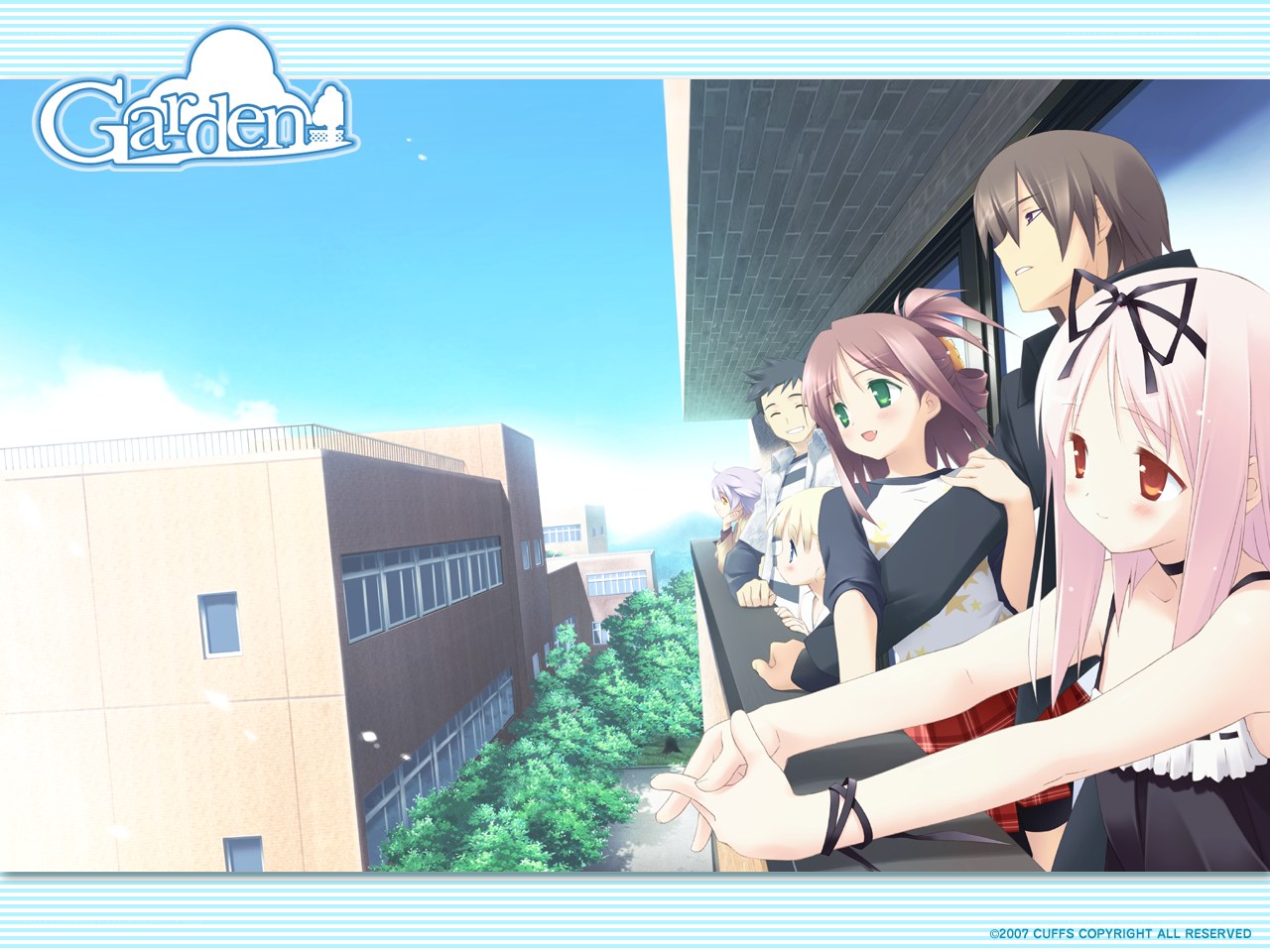 Garden anime characters on balcony