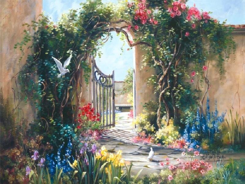 Garden arch with blooming flowers