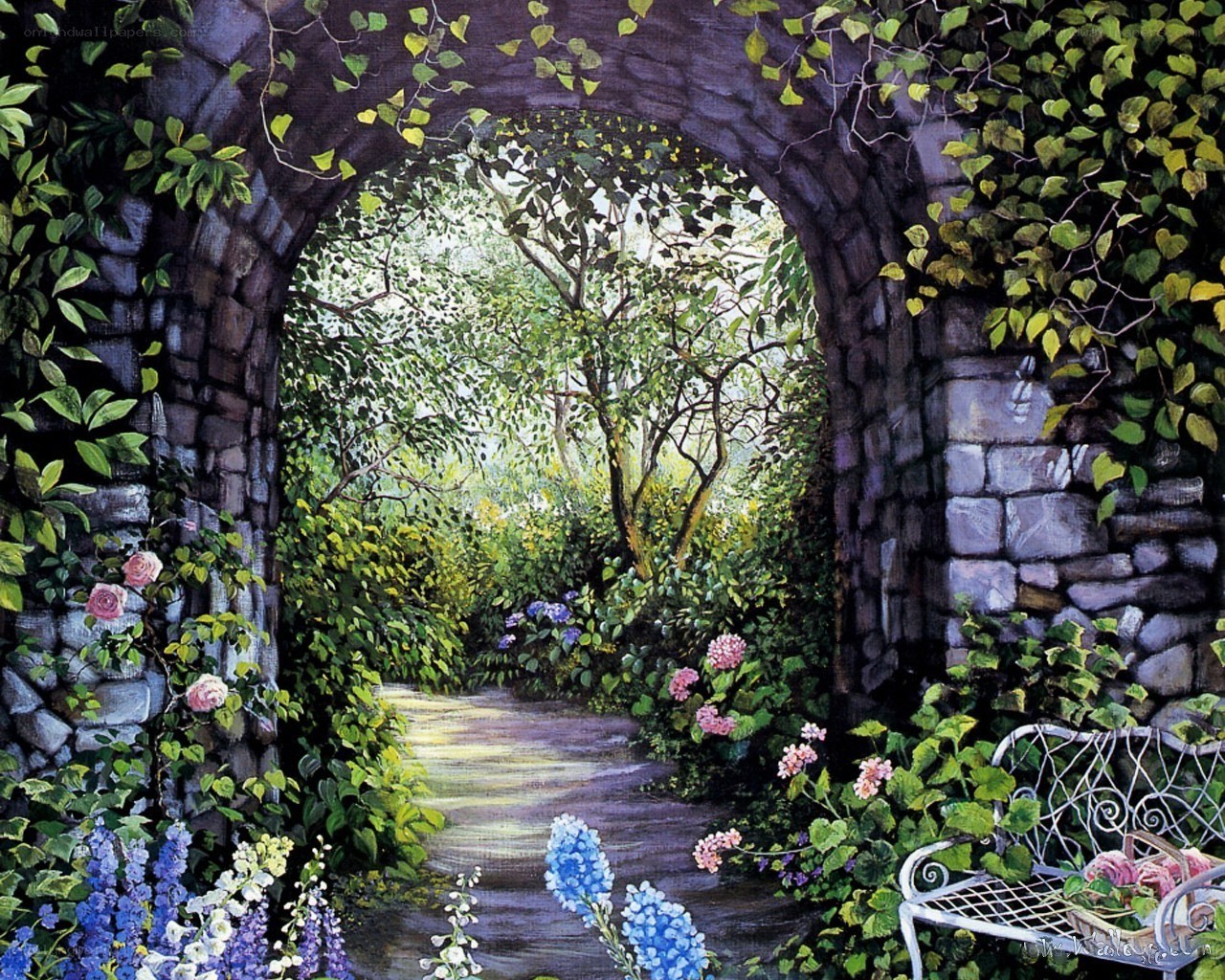 Garden archway with bench