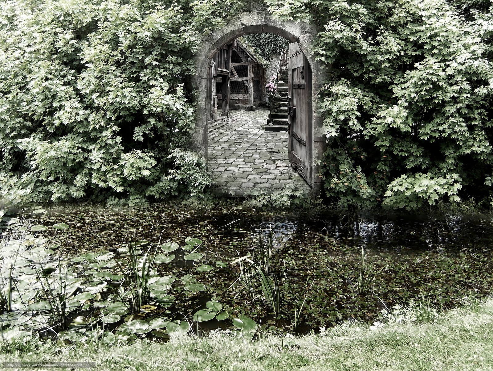 Garden archway with pond