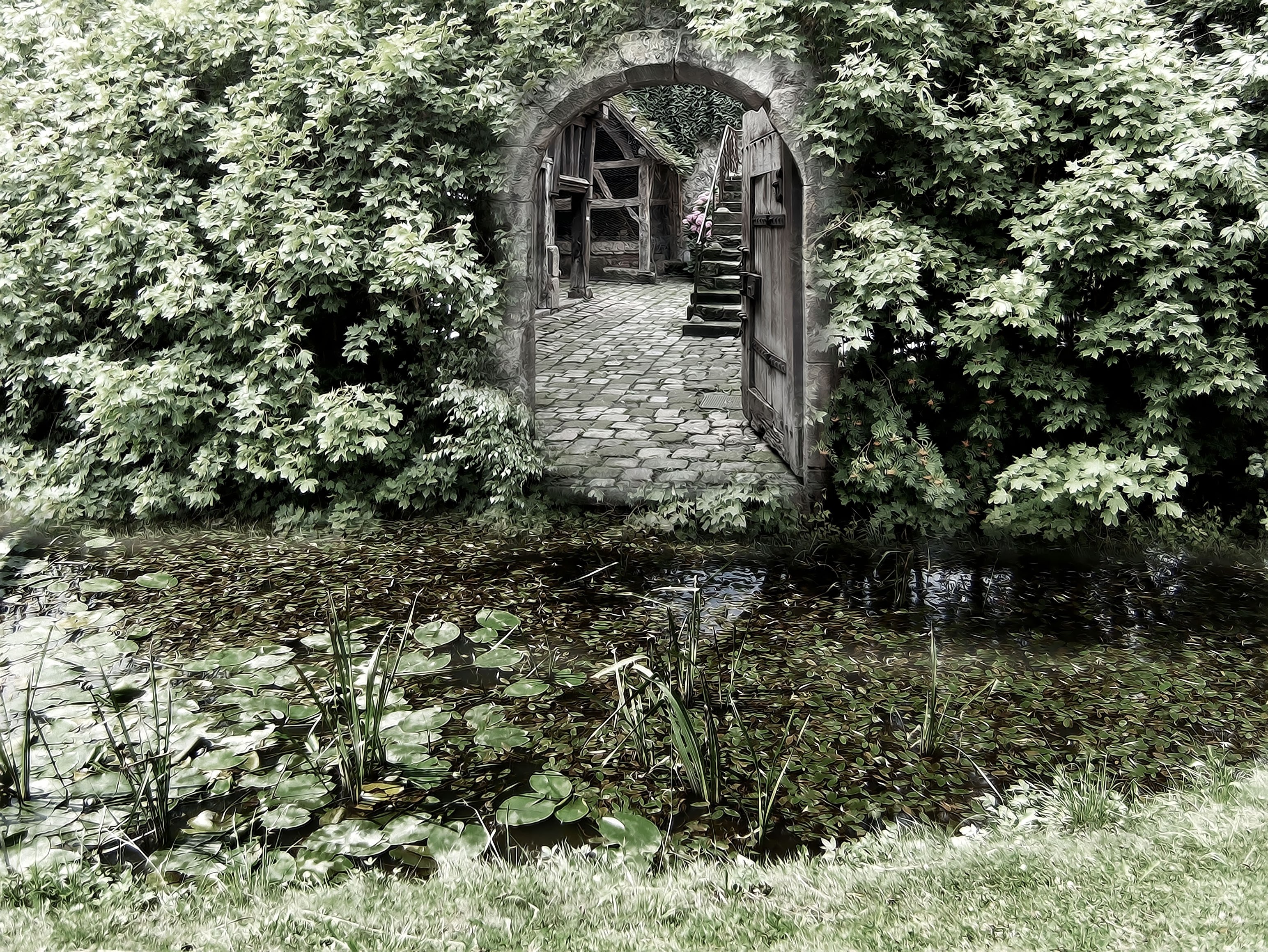 Garden archway with pond