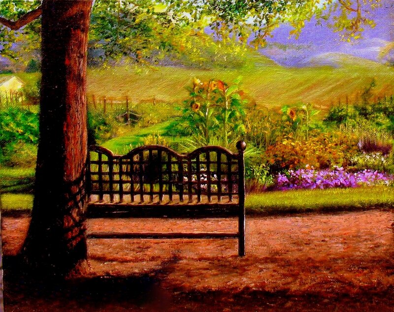 Garden bench under a tree