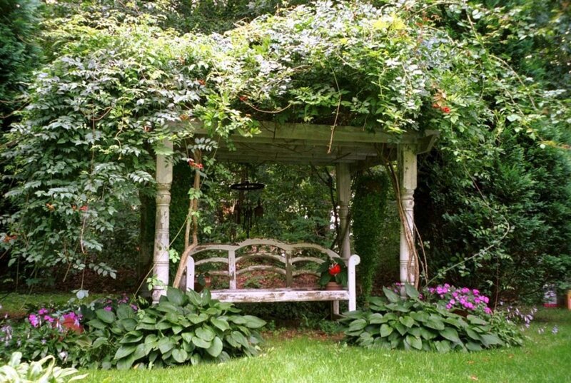 garden bench under arbor