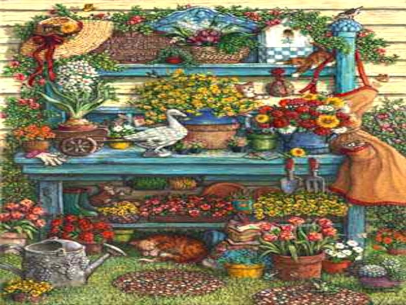 Garden Bench with Flowers — Blue, Peaceful