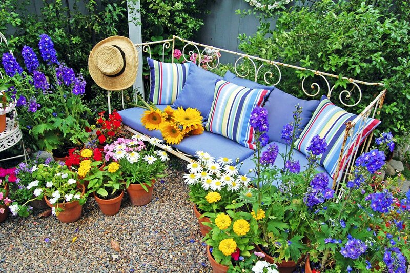 Garden Bench with Flowers — Blue, Serene, Afternoon