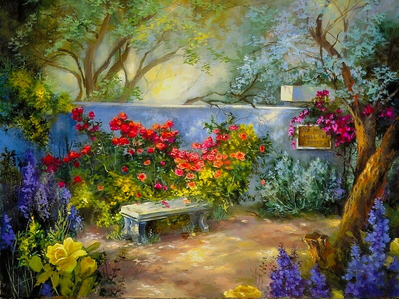 Garden Bench with Flowers — Blue, Serene