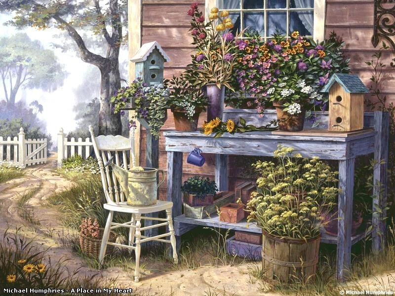 Garden Bench with Flowers — Blue
