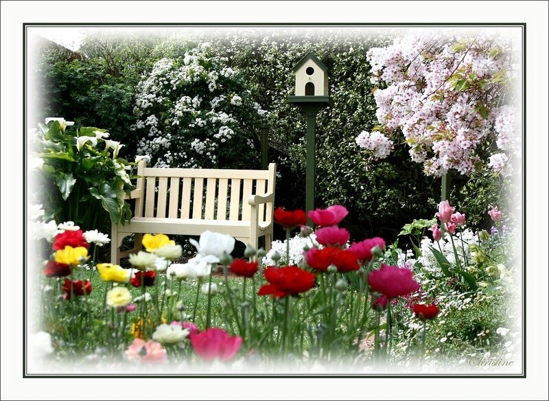 Garden Bench with Flowers — Green