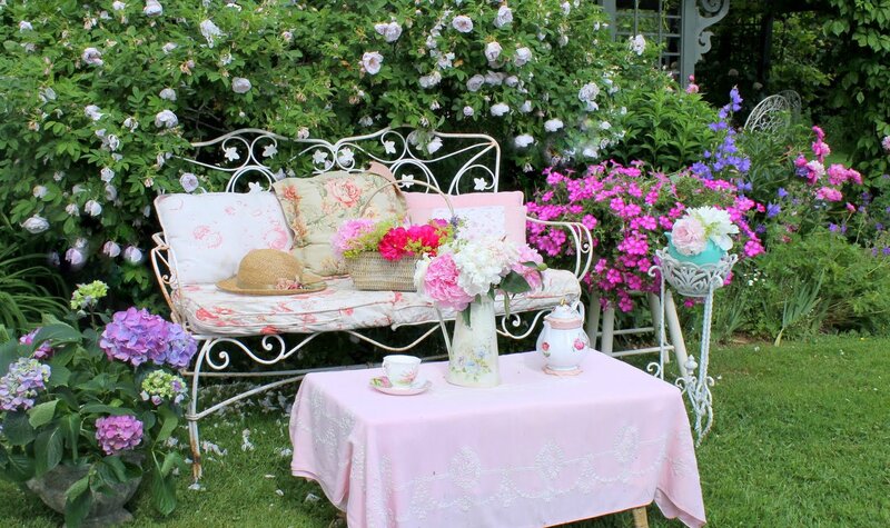 Garden Bench with Flowers — Pink