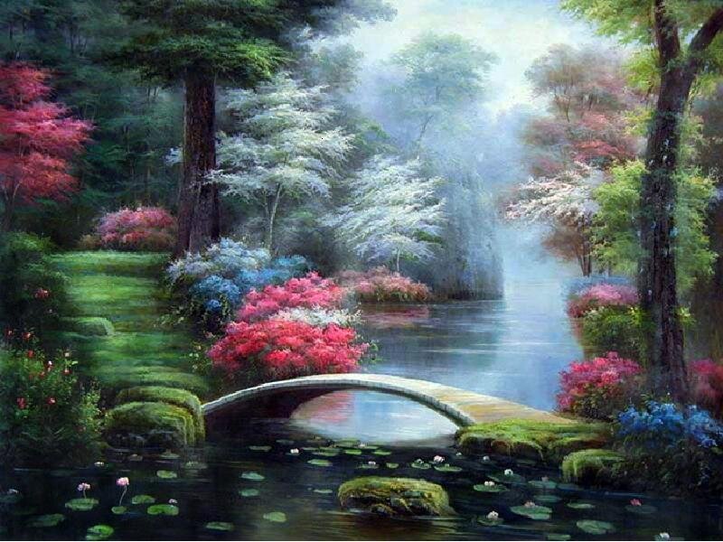 Garden bridge over pond