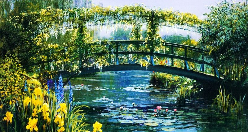 Garden Bridge over Pond — Green, Serene