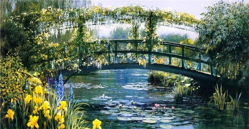 Garden Bridge over Pond — Green