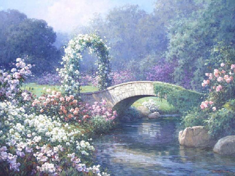 Garden bridge with flowers