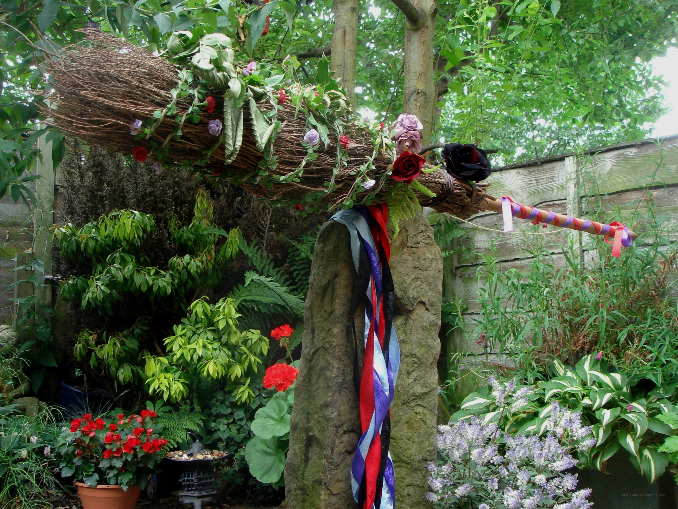 Garden broom with flowers