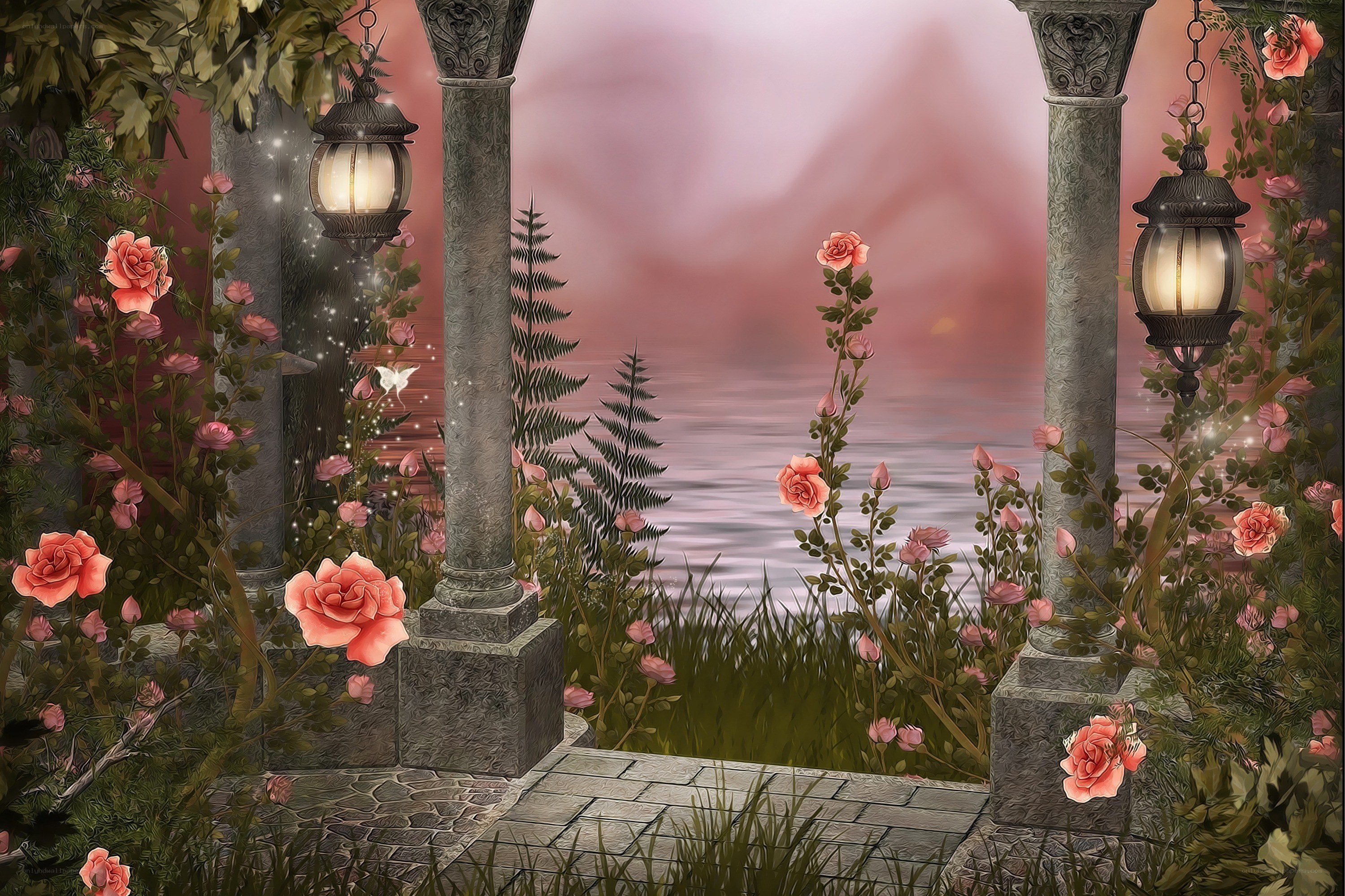 Garden by the sea at dusk