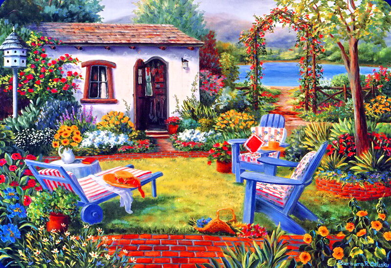 Garden Cottage Scene — Blue, Serene