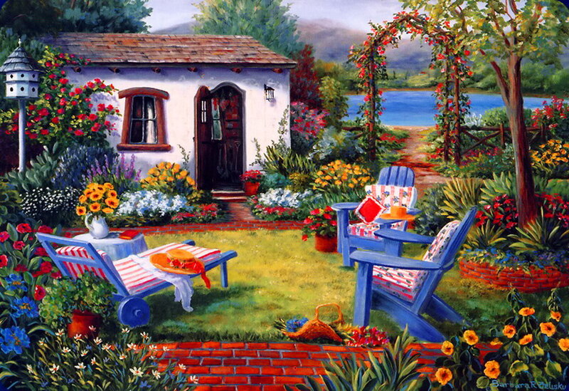 Garden Cottage Scene — Blue